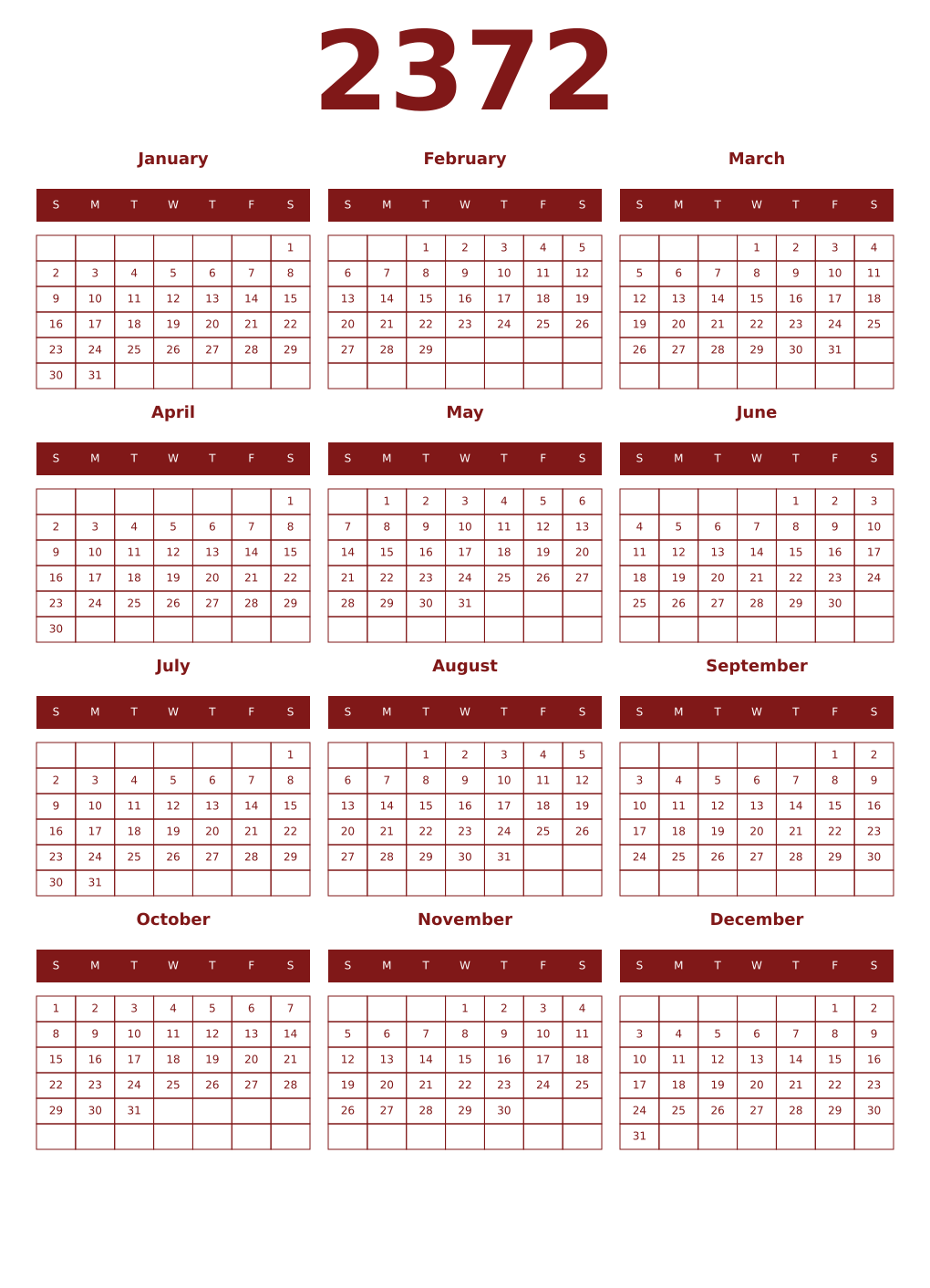 Printable 2372 Year Calendars falu