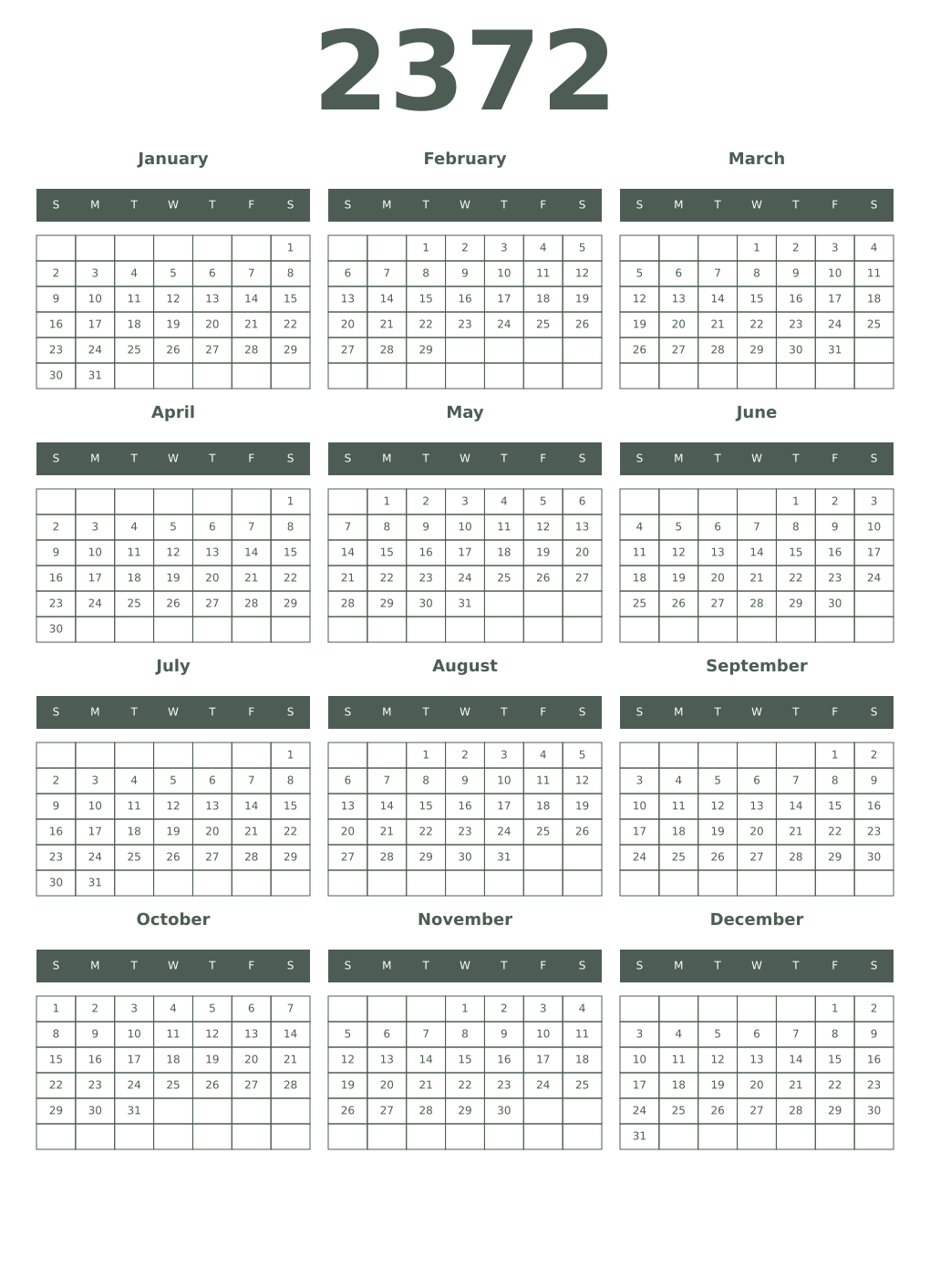 Printable 2372 Year Calendars feldgrau