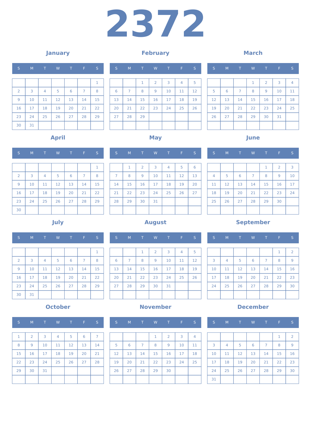 Printable 2372 Year Calendars glaucous