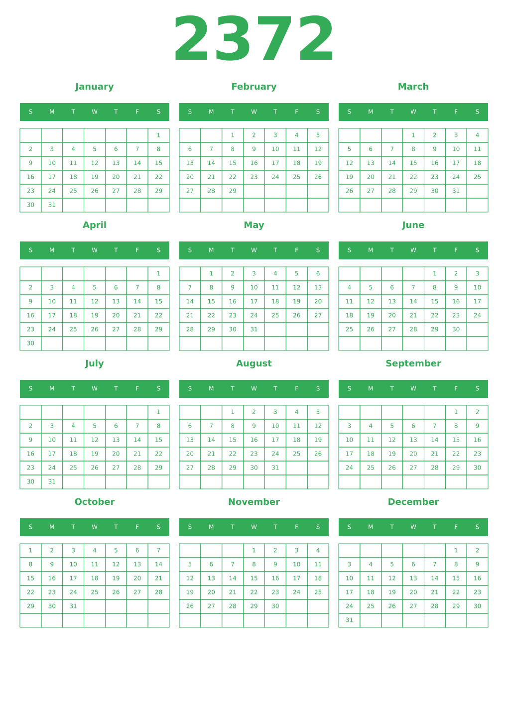 Printable 2372 Year Calendars green