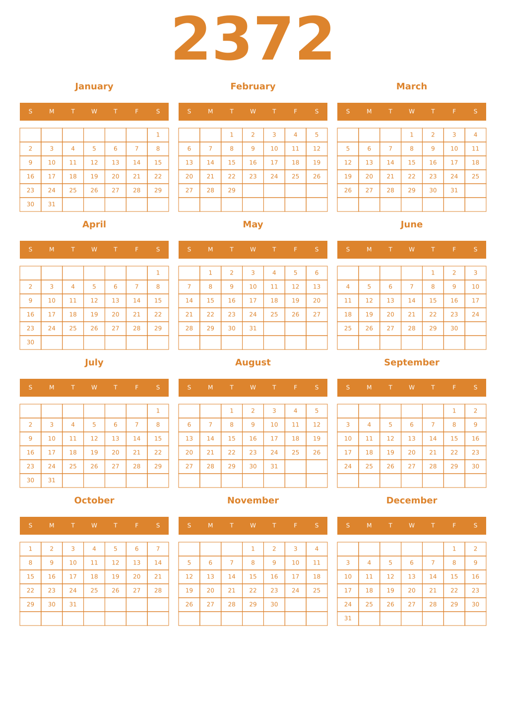 Printable 2372 Year Calendars orange
