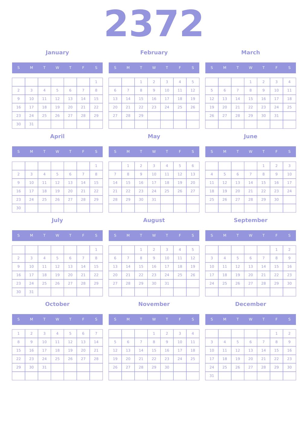 Printable 2372 Year Calendars periwinkle