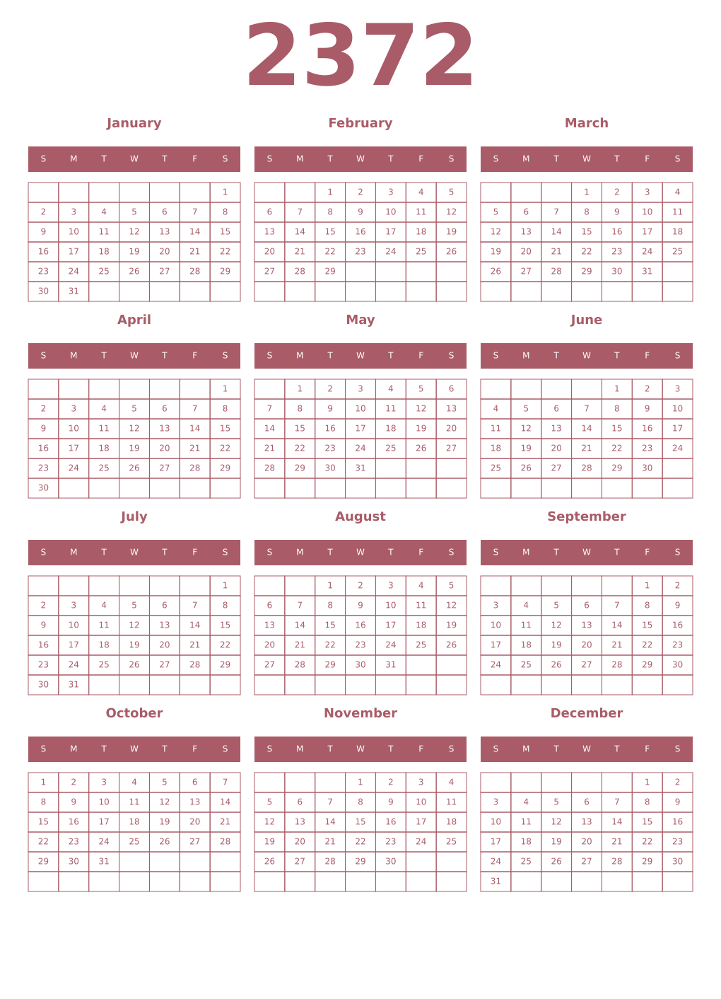 Printable 2372 Year Calendars puce