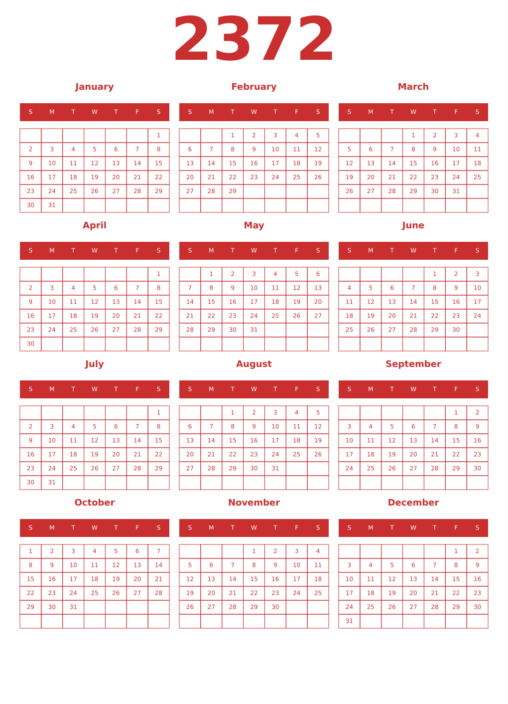 Printable 2372 Year Calendars red