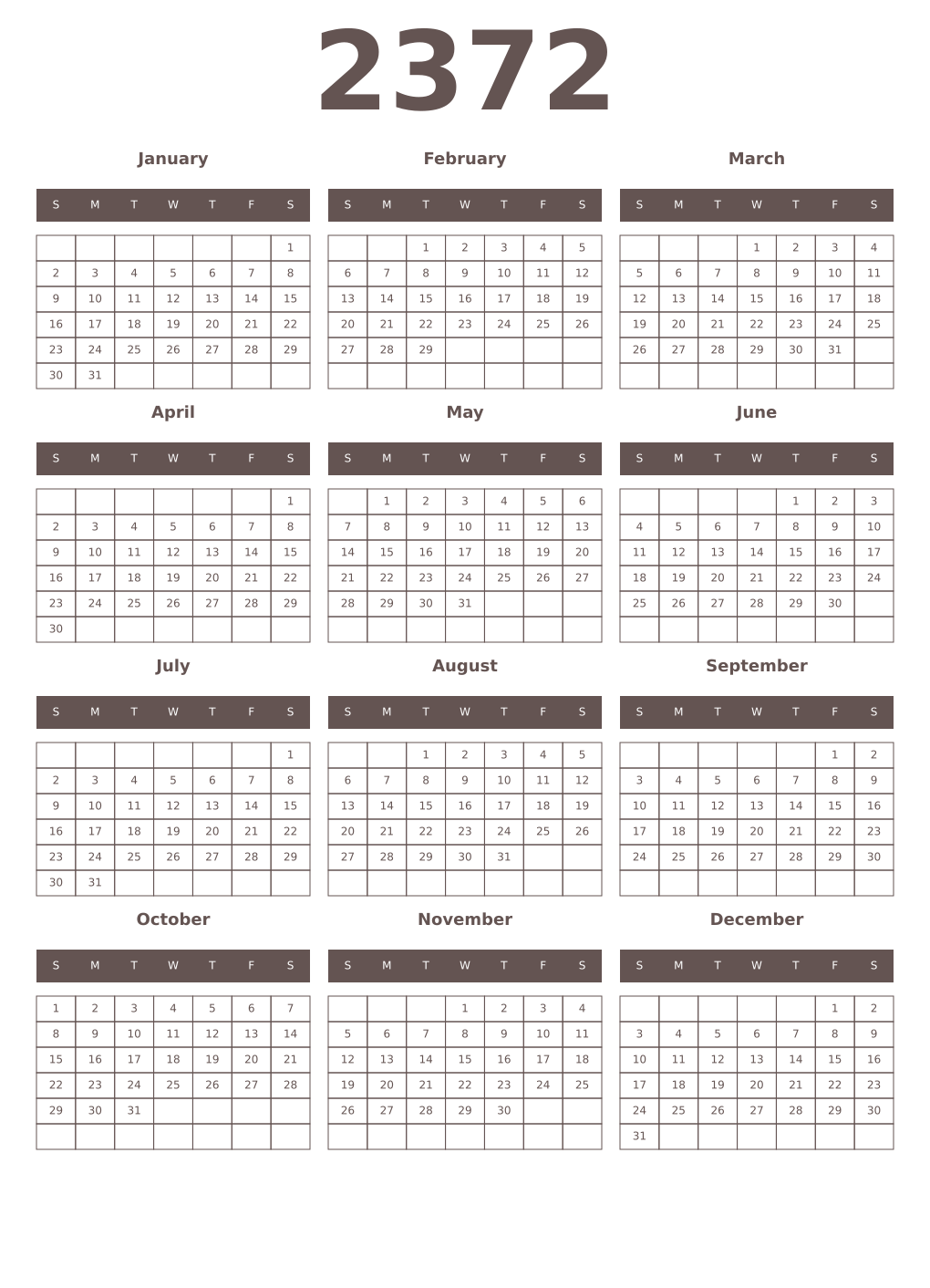 Printable 2372 Year Calendars wenge