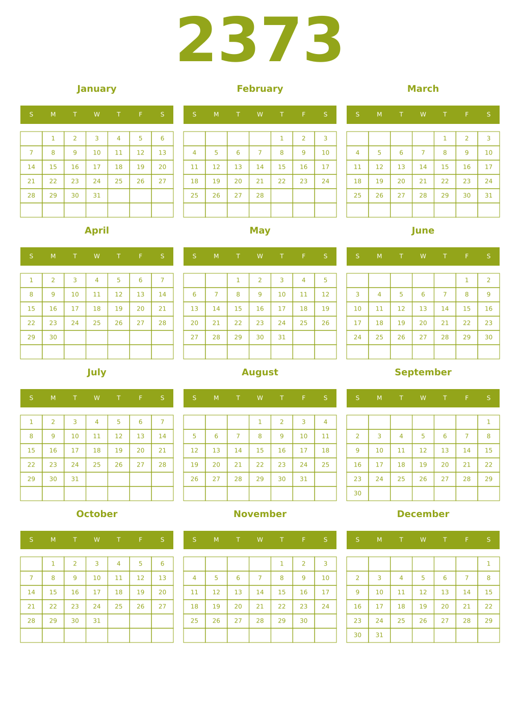 Printable 2373 Year Calendars chartreuse