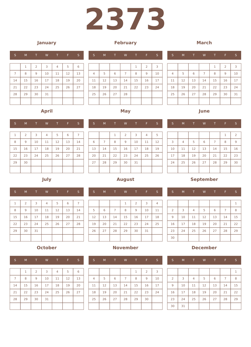 Printable 2373 Year Calendars coffe