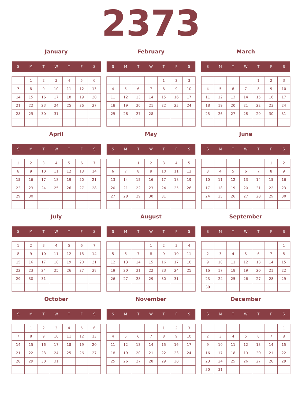 Printable 2373 Year Calendars cordovan