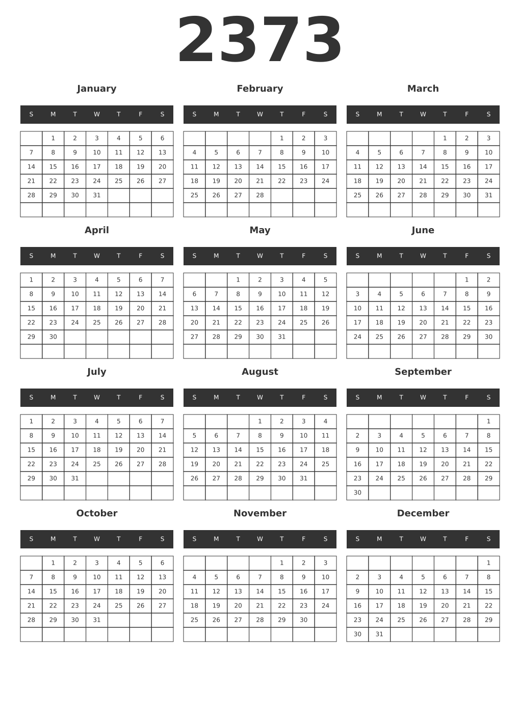 Printable 2373 Year Calendars dark