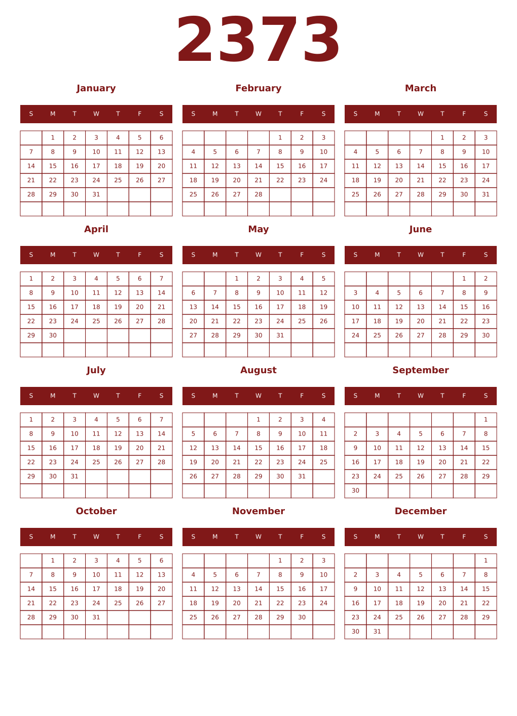 Printable 2373 Year Calendars falu
