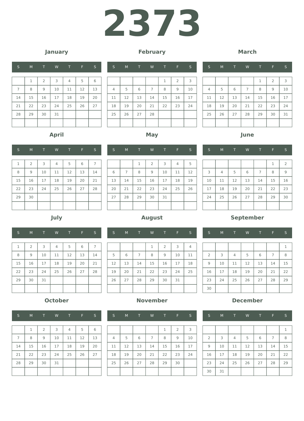 Printable 2373 Year Calendars feldgrau