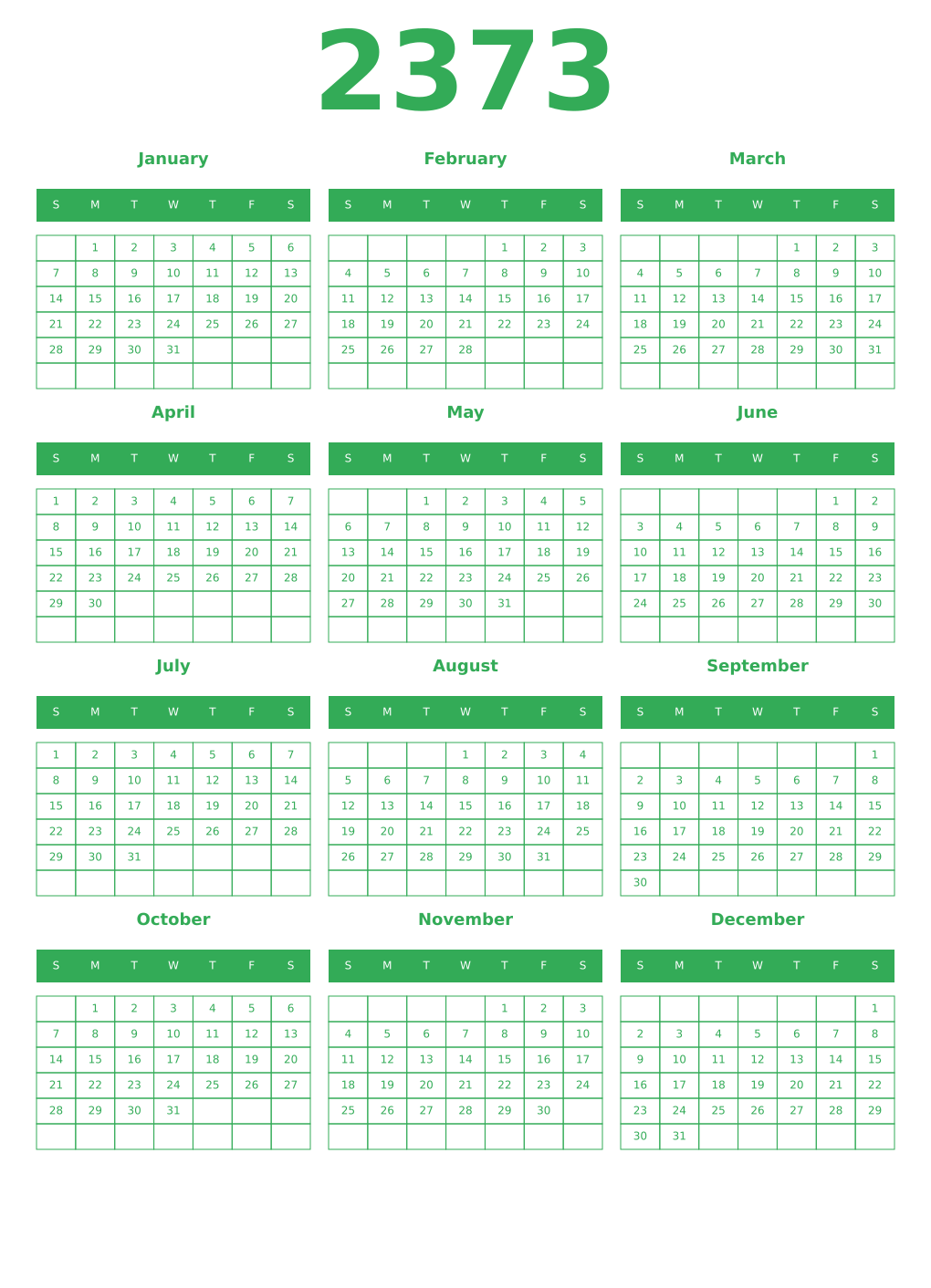 Printable 2373 Year Calendars green