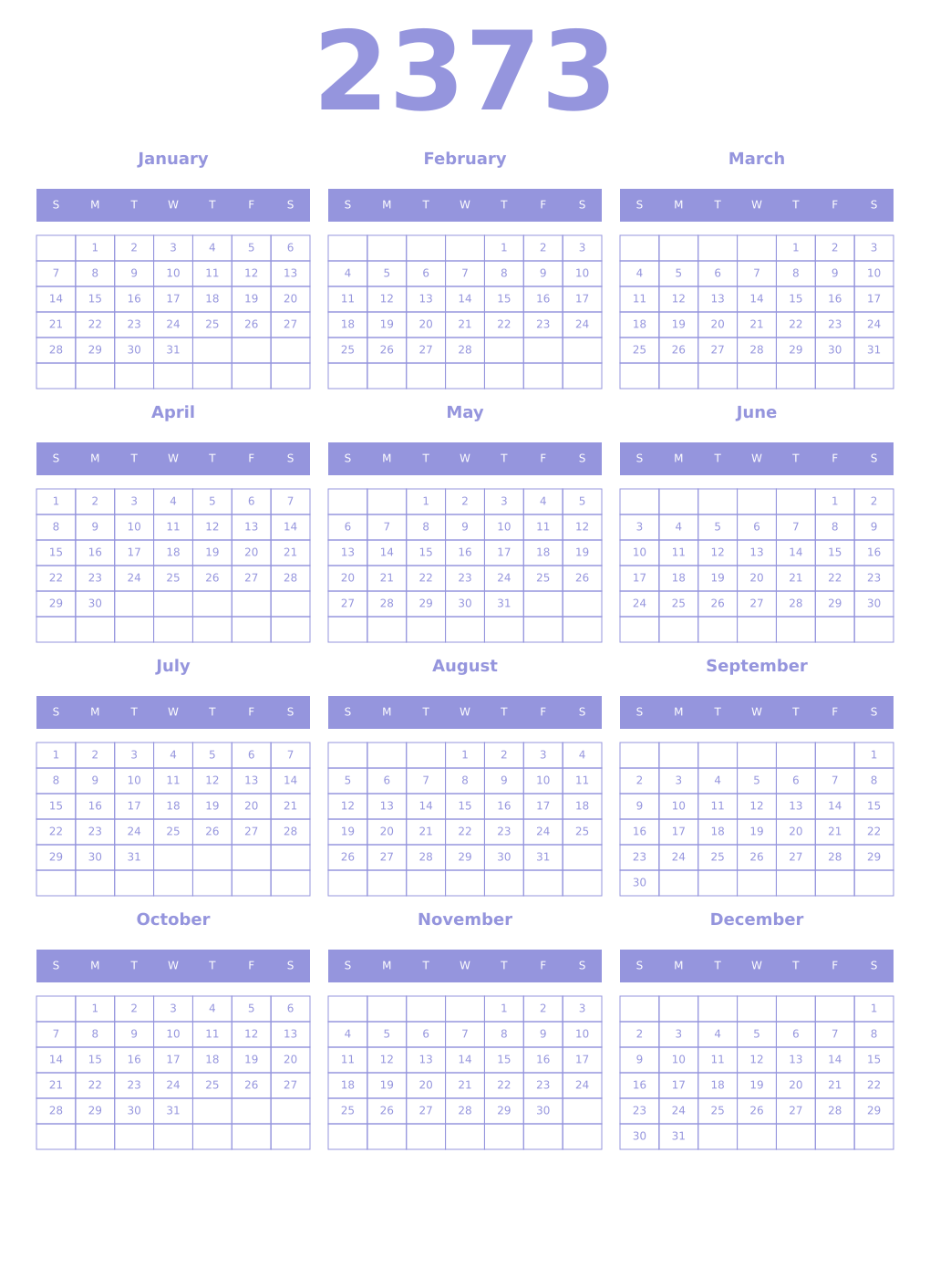 Printable 2373 Year Calendars periwinkle