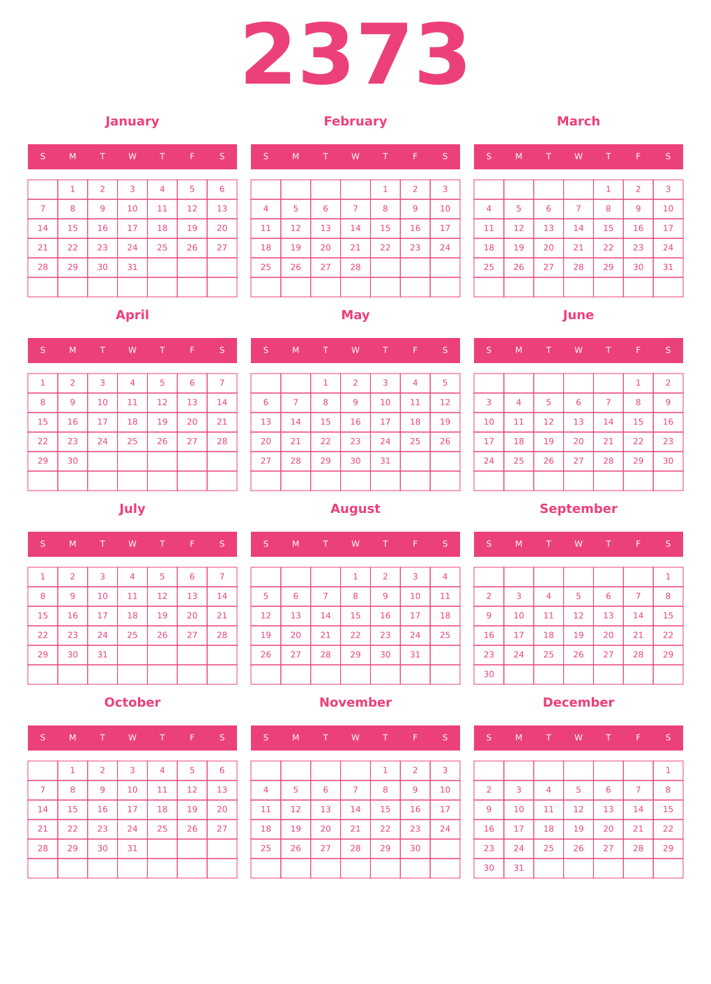 Printable 2373 Year Calendars pink