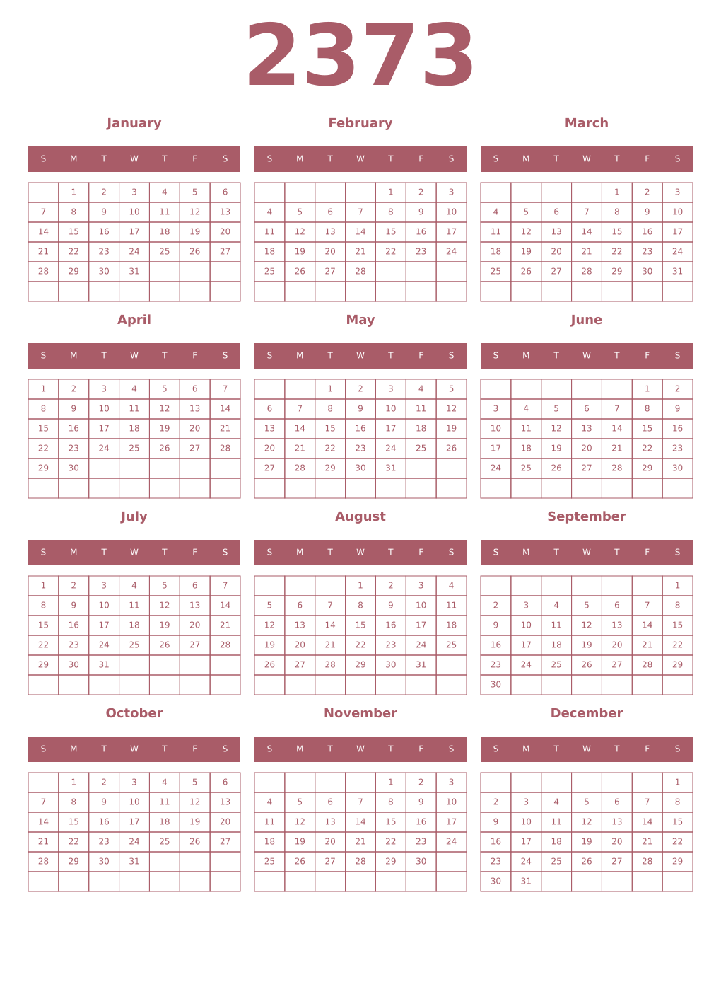 Printable 2373 Year Calendars puce