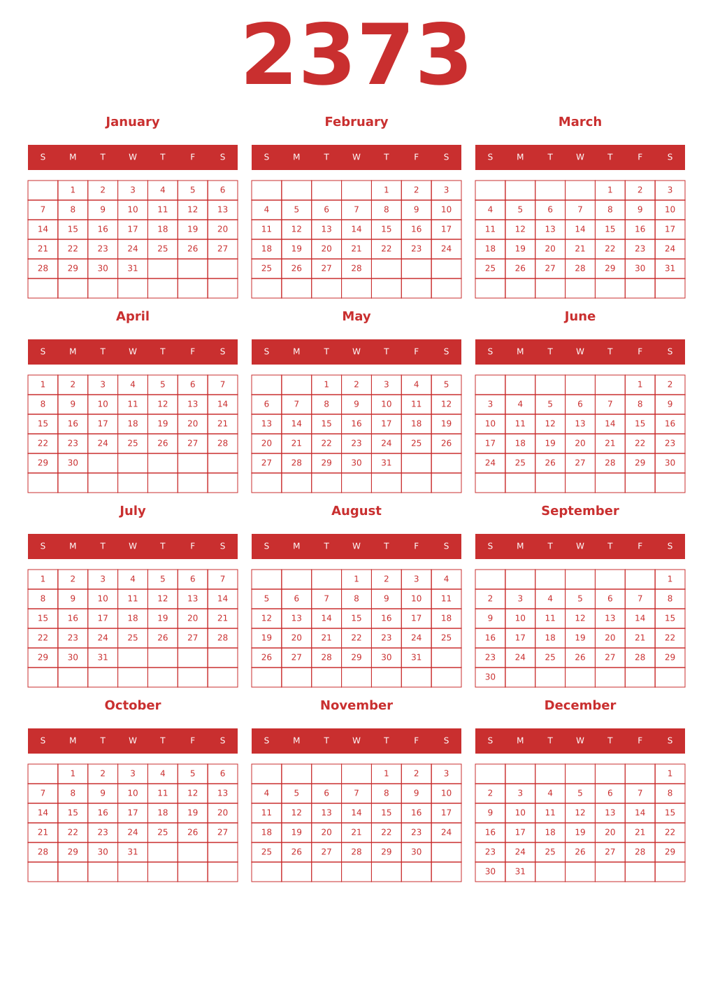 Printable 2373 Year Calendars red
