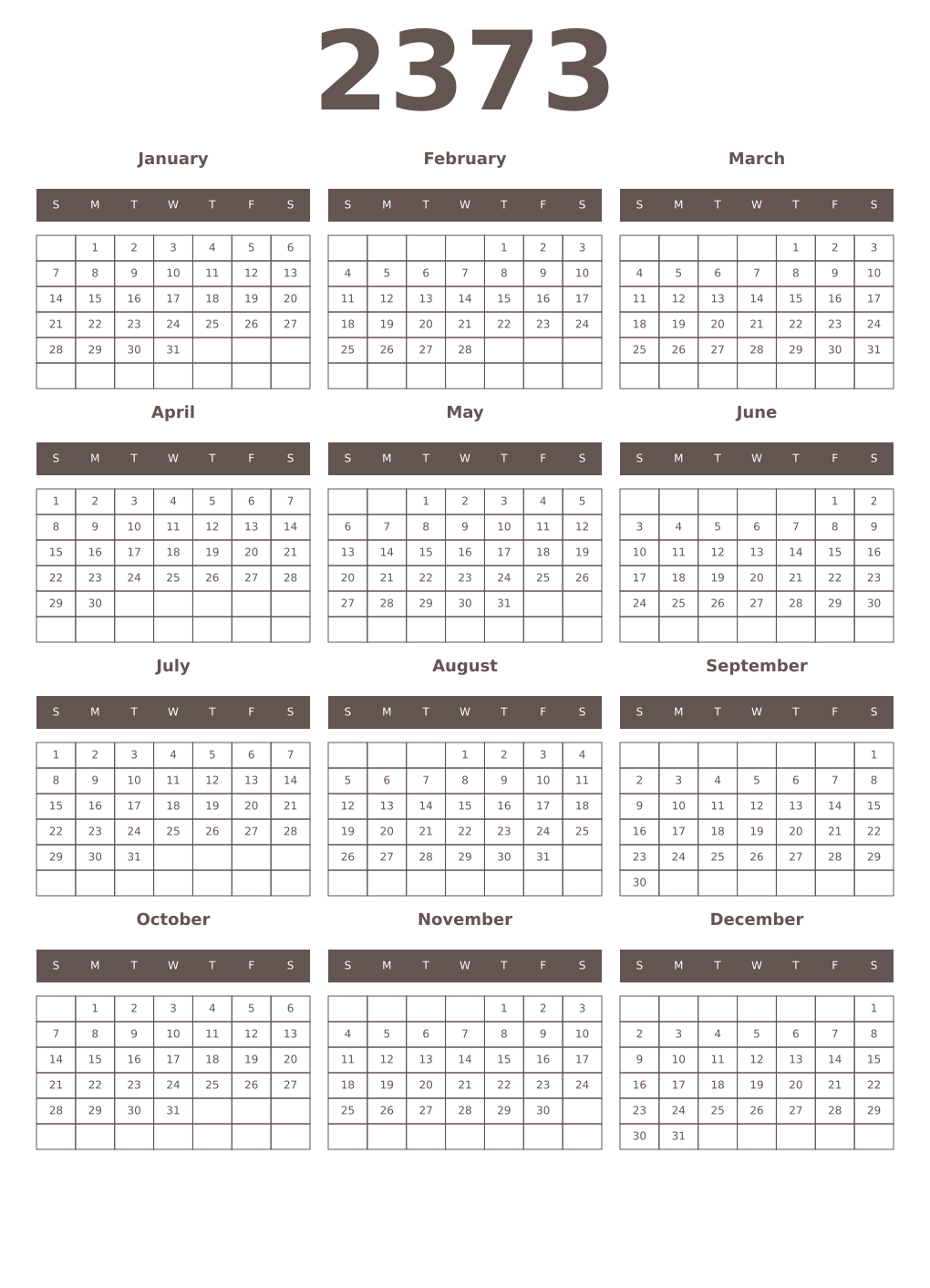 Printable 2373 Year Calendars wenge