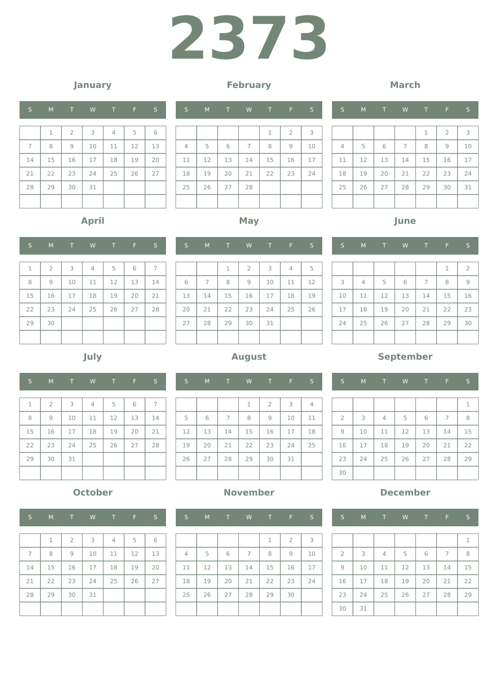 Printable 2373 Year Calendars xanadu