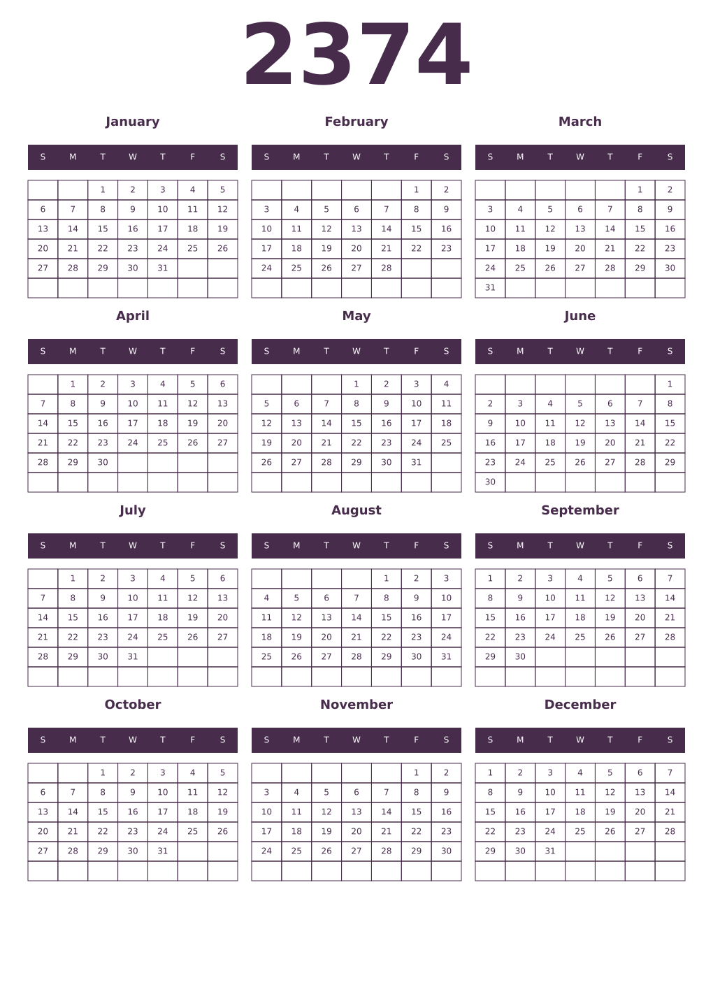 Printable 2374 Year Calendars aubergine