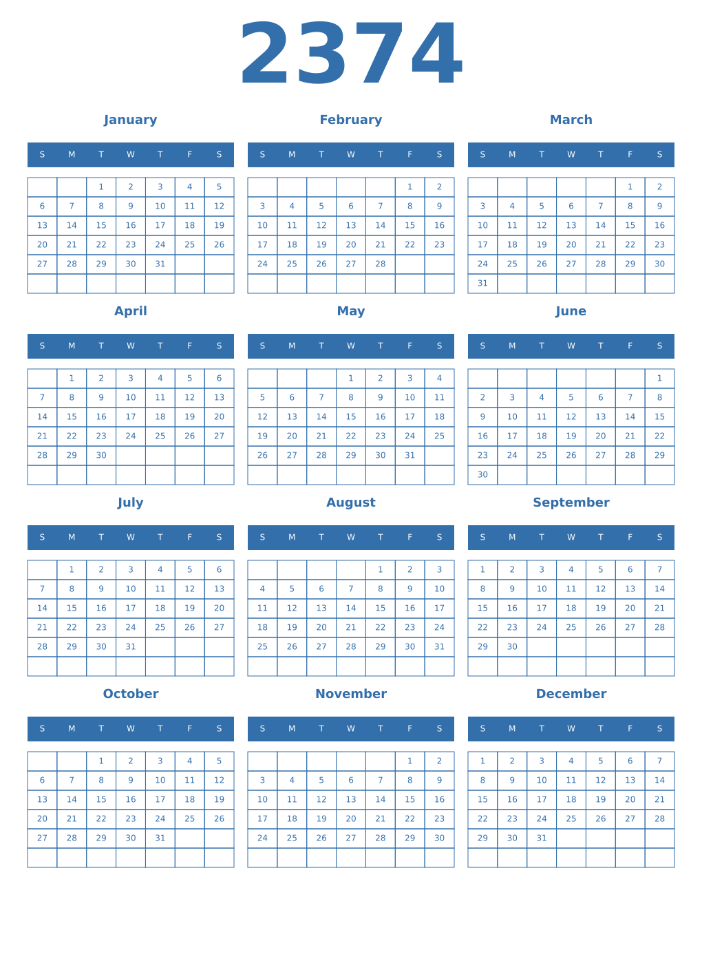 Printable 2374 Year Calendars blue