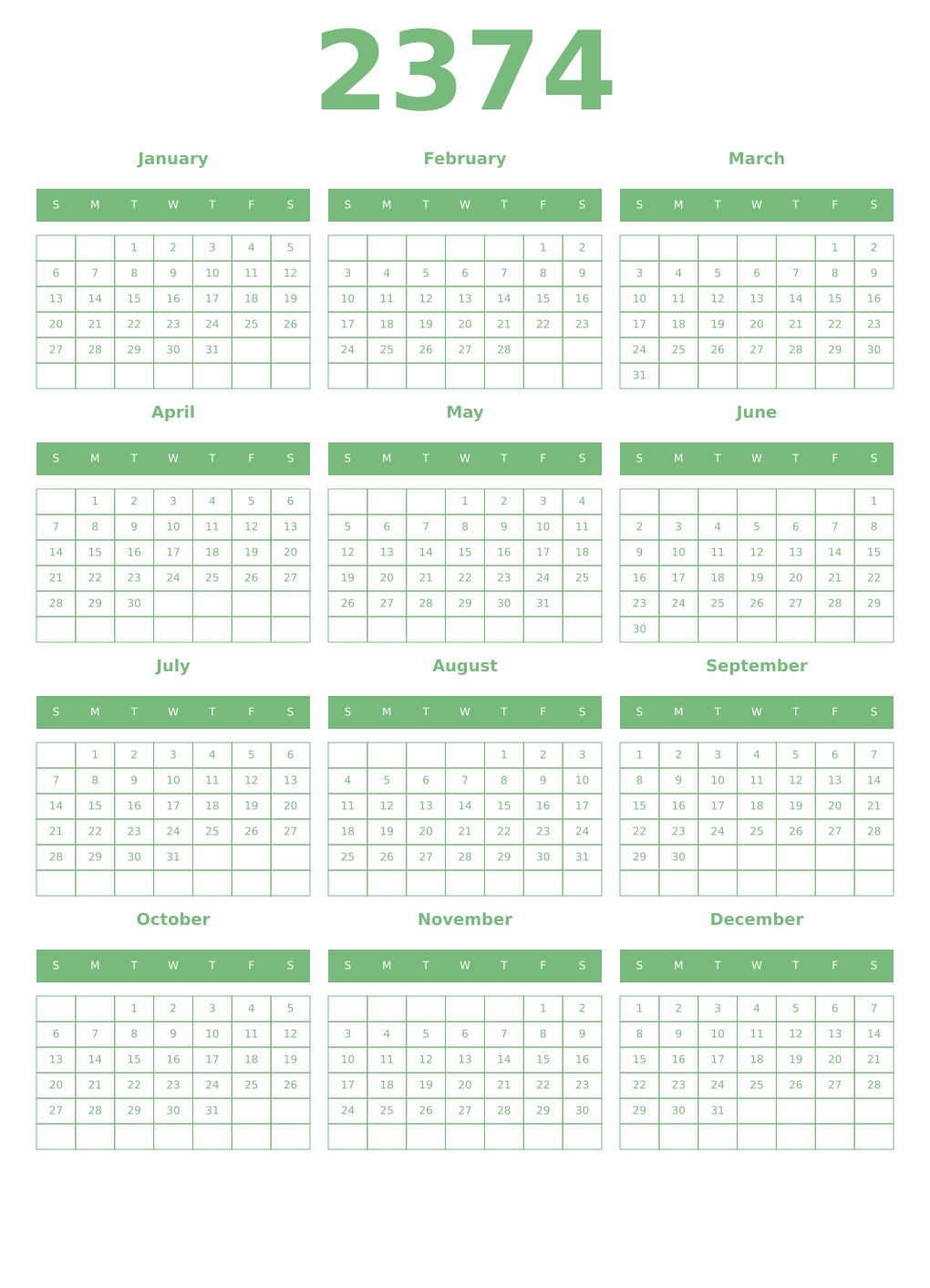 Printable 2374 Year Calendars celadon