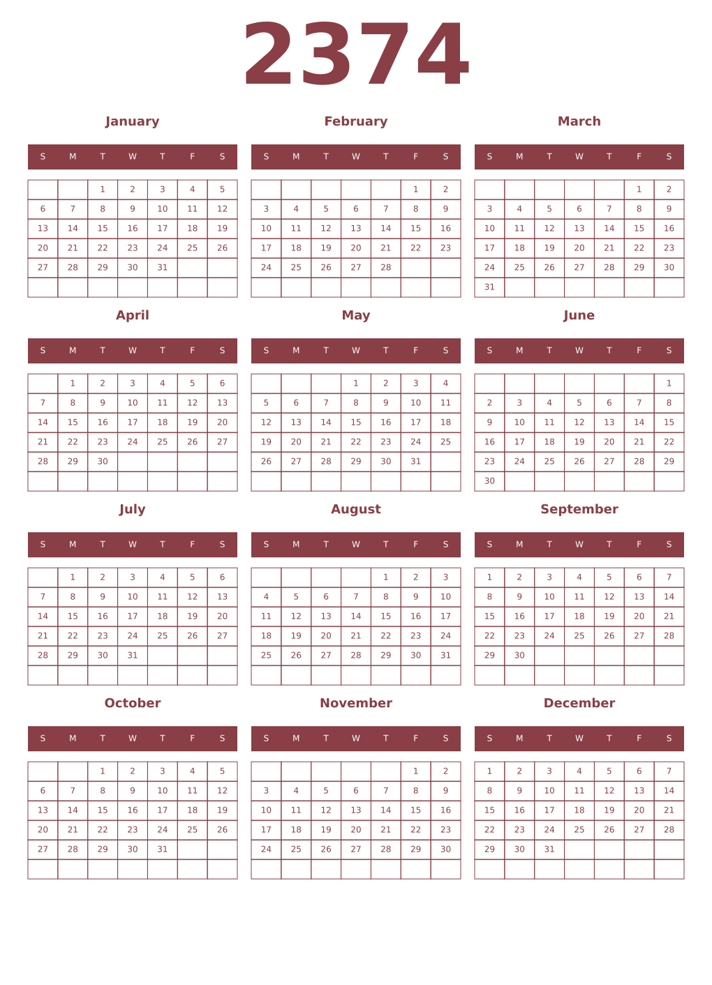 Printable 2374 Year Calendars cordovan