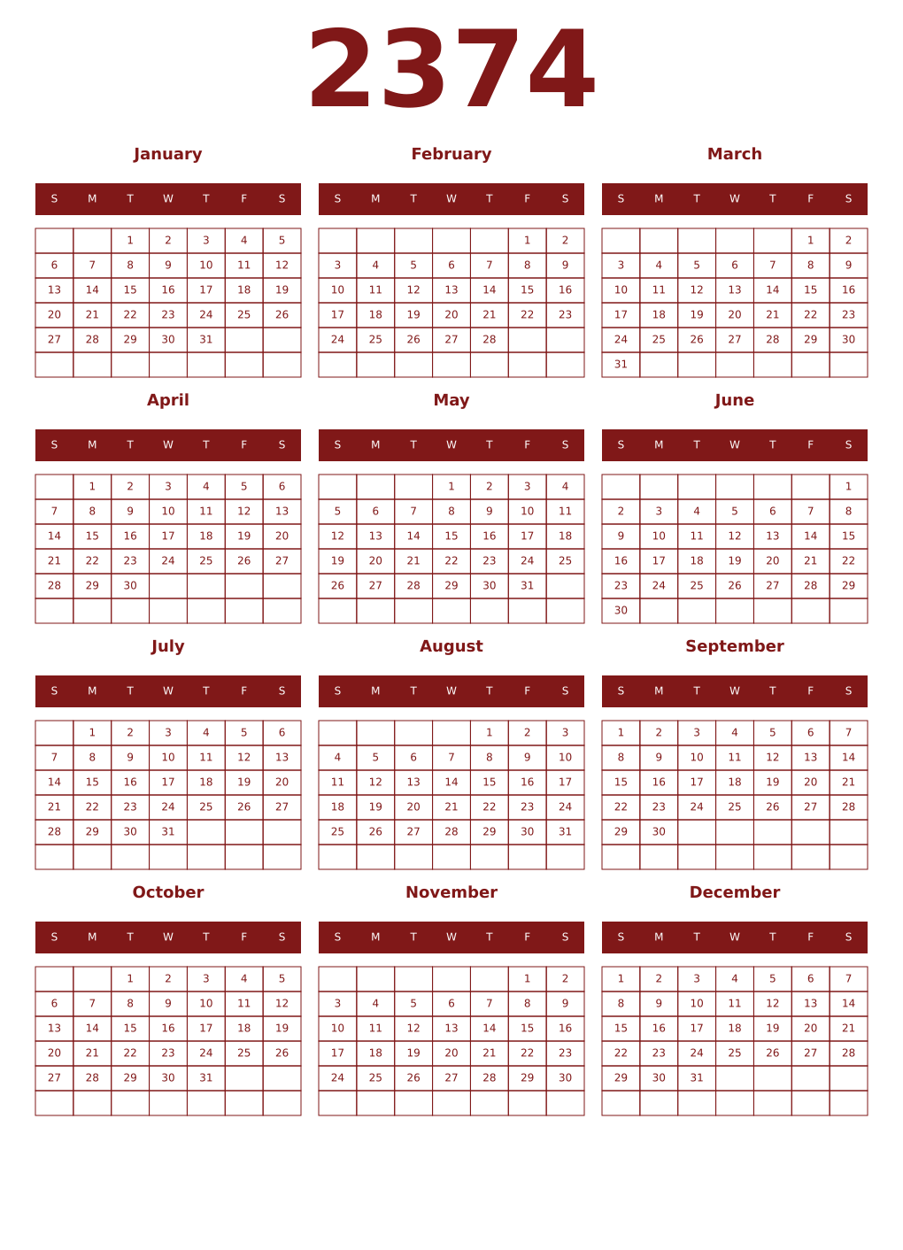Printable 2374 Year Calendars falu