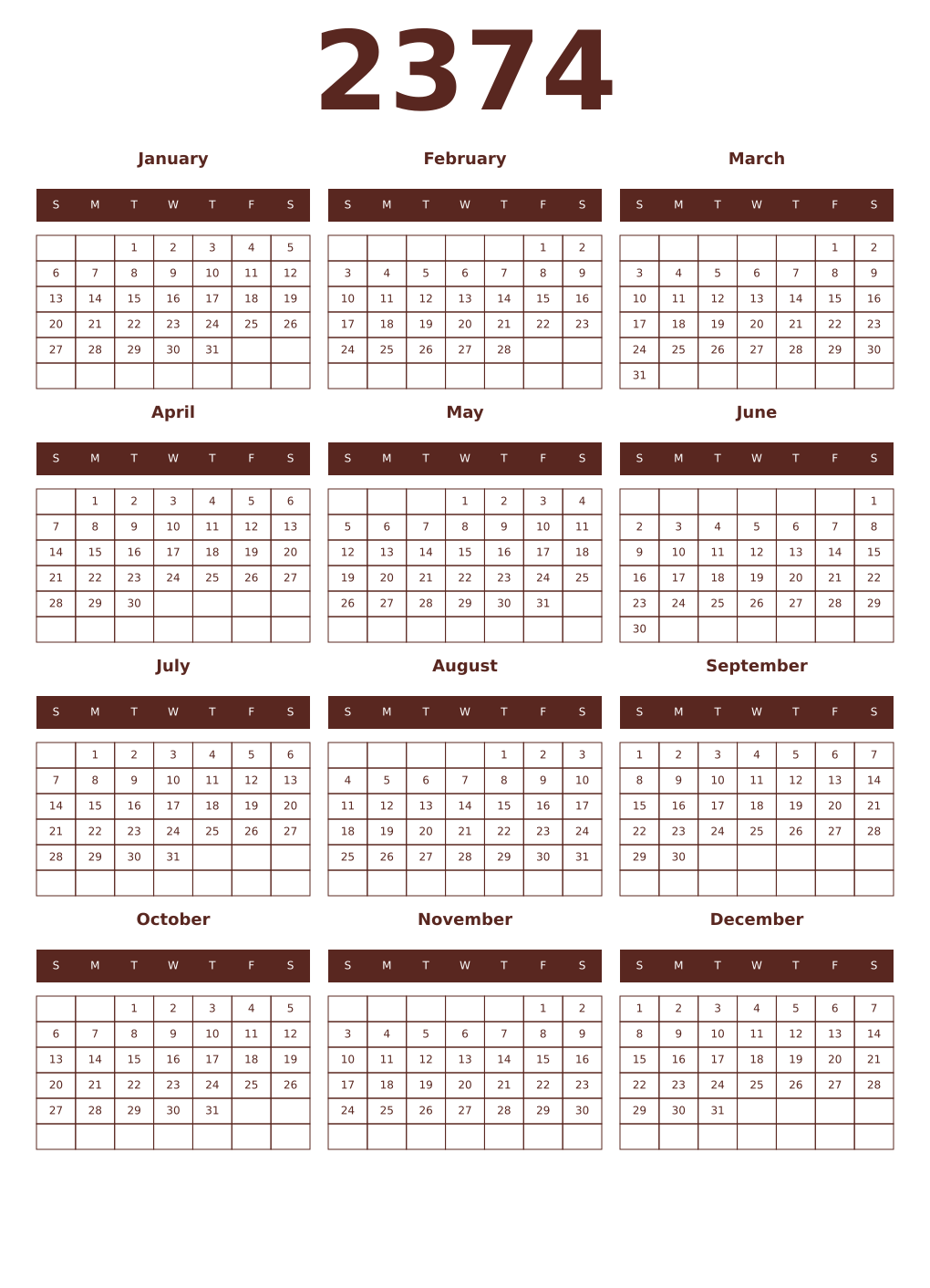 Printable 2374 Year Calendars mortuum