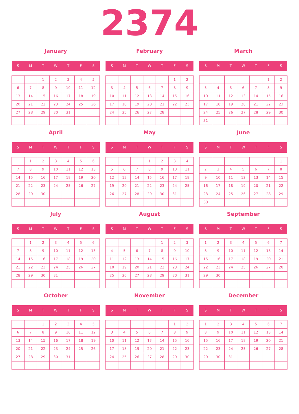 Printable 2374 Year Calendars pink