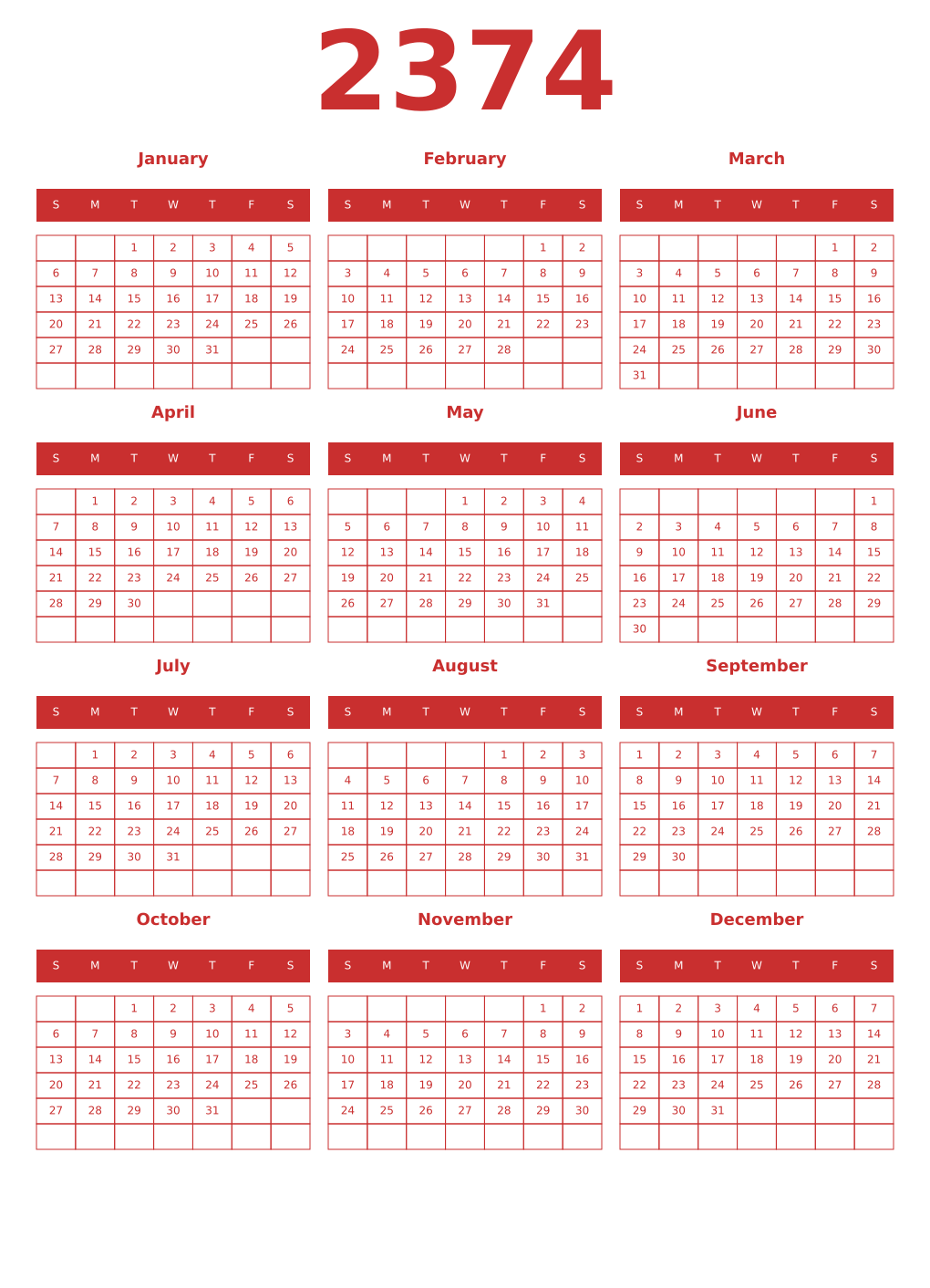 Printable 2374 Year Calendars red