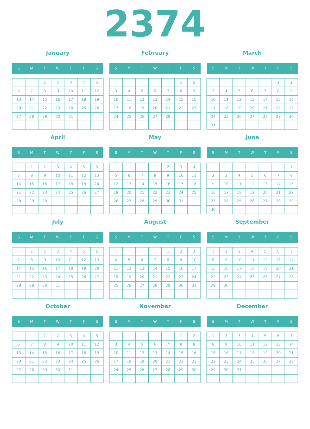 Printable 2374 Year Calendars verdigris