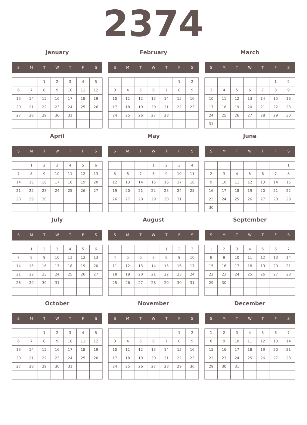 Printable 2374 Year Calendars wenge