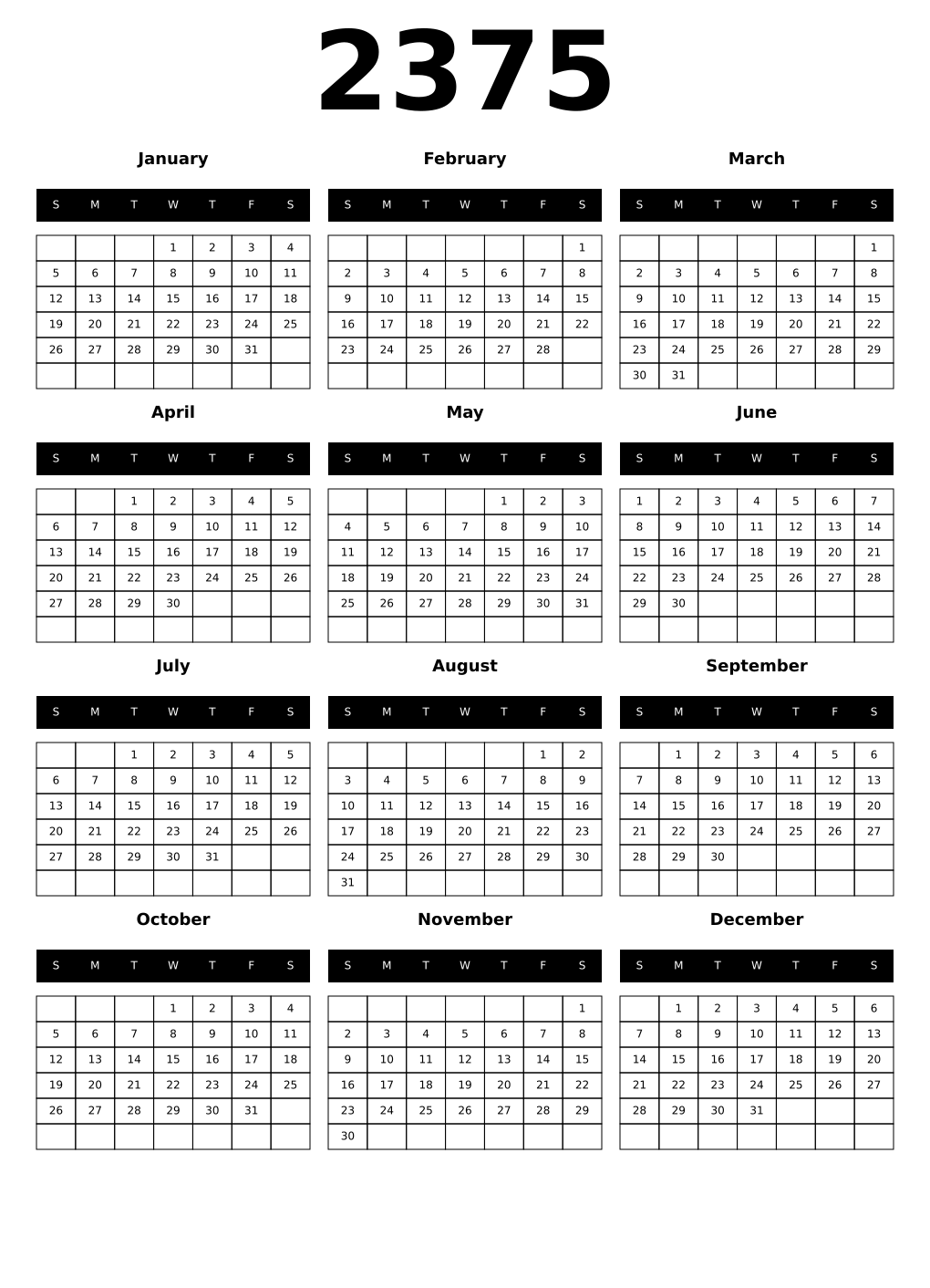 Printable 2375 Year Calendars black