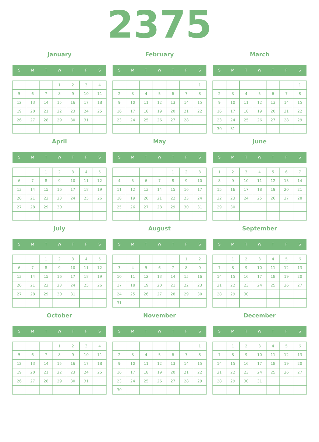 Printable 2375 Year Calendars celadon