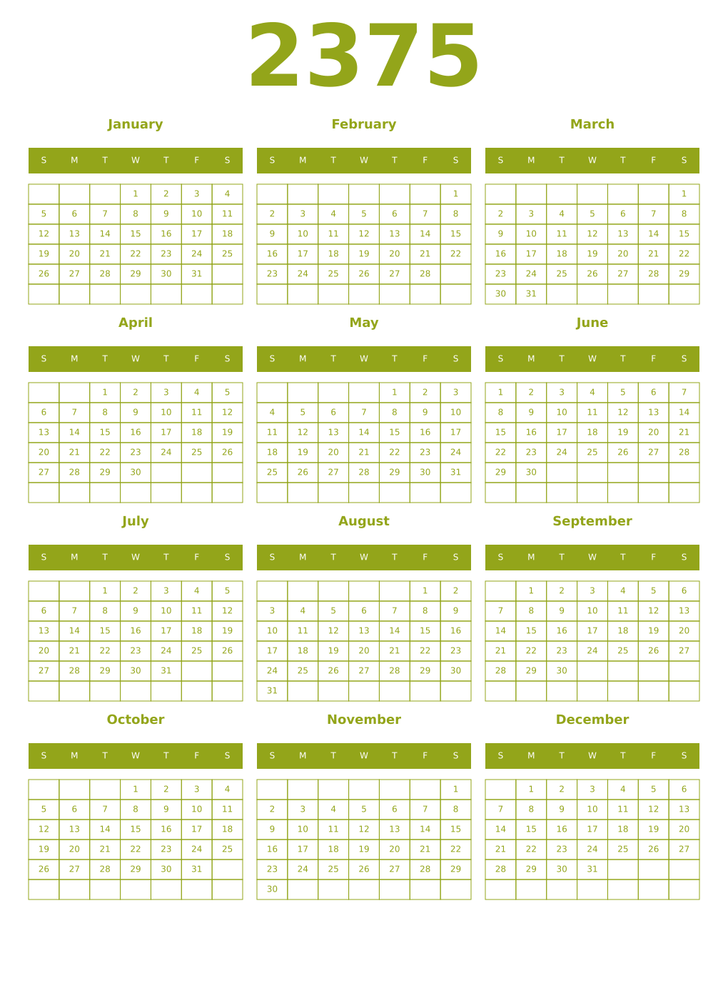 Printable 2375 Year Calendars chartreuse