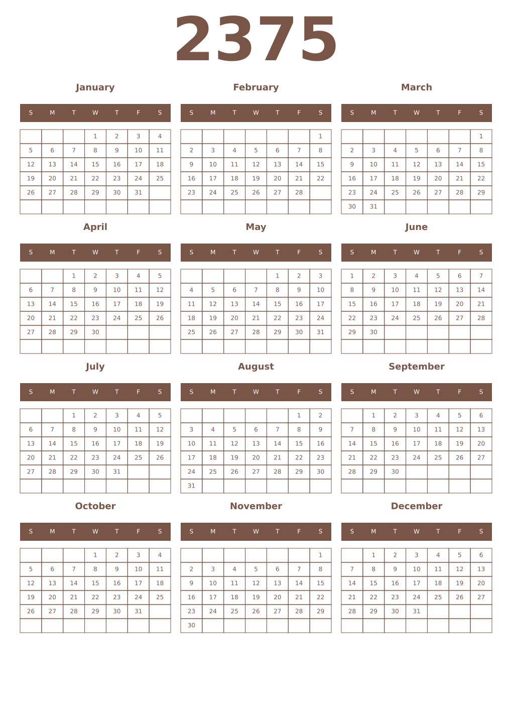 Printable 2375 Year Calendars coffe