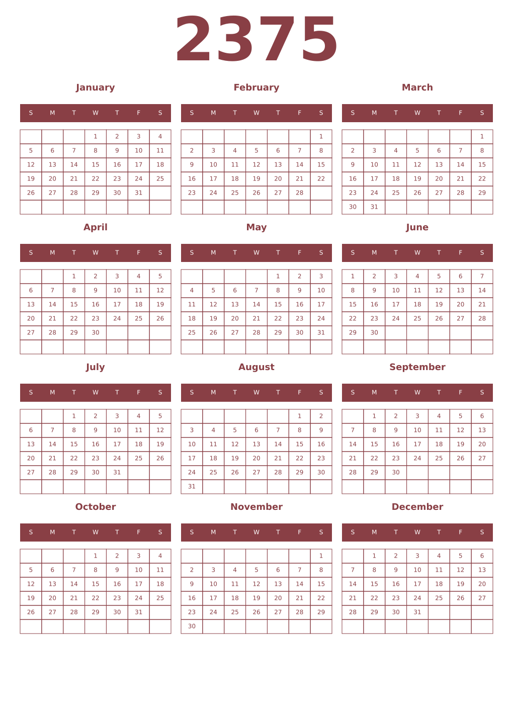 Printable 2375 Year Calendars cordovan
