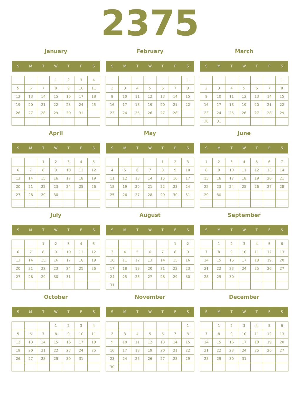 Printable 2375 Year Calendars eburnean
