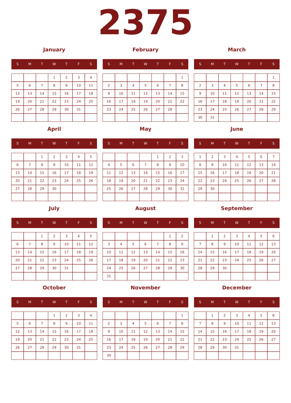 Printable 2375 Year Calendars falu