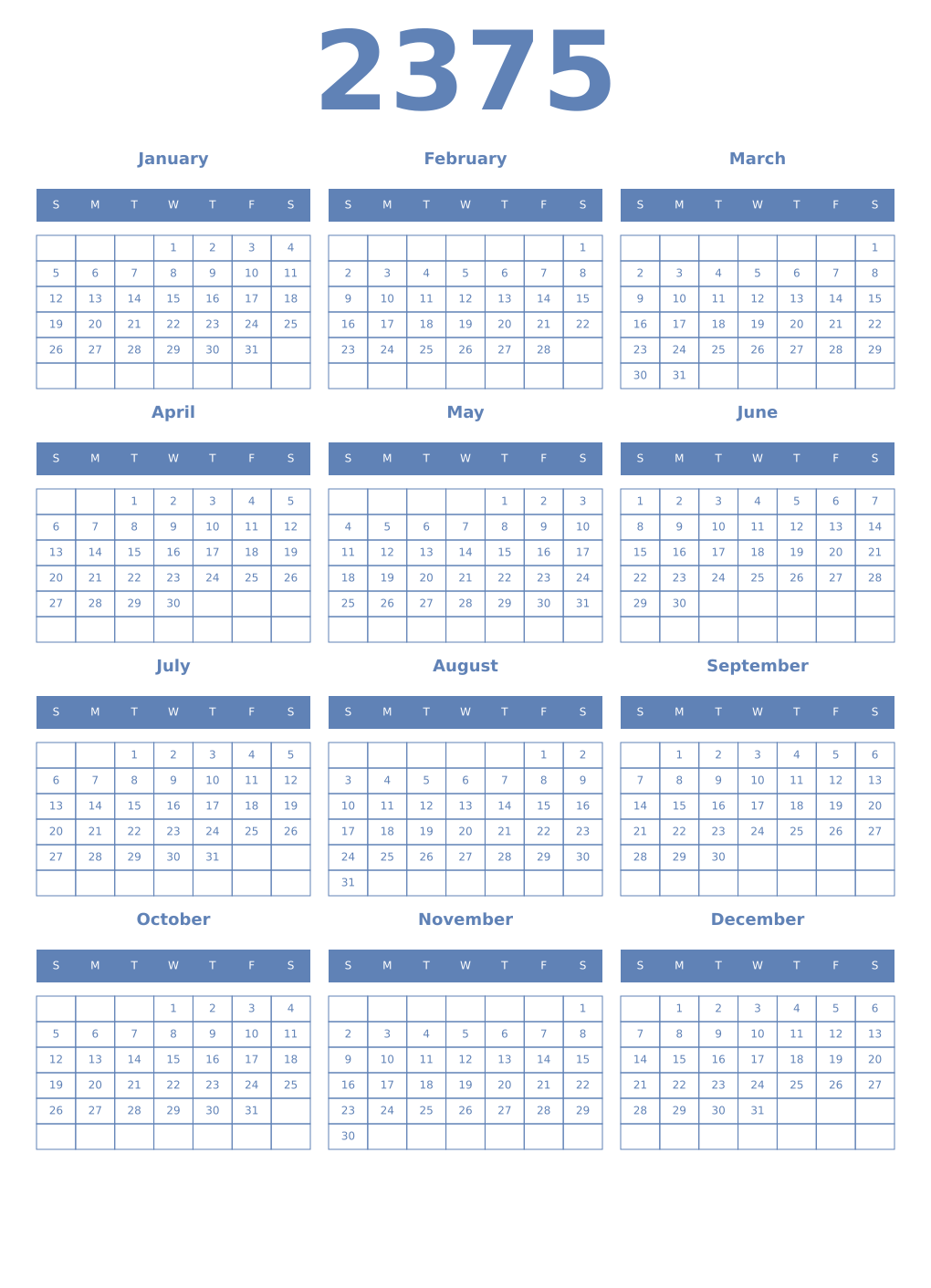 Printable 2375 Year Calendars glaucous