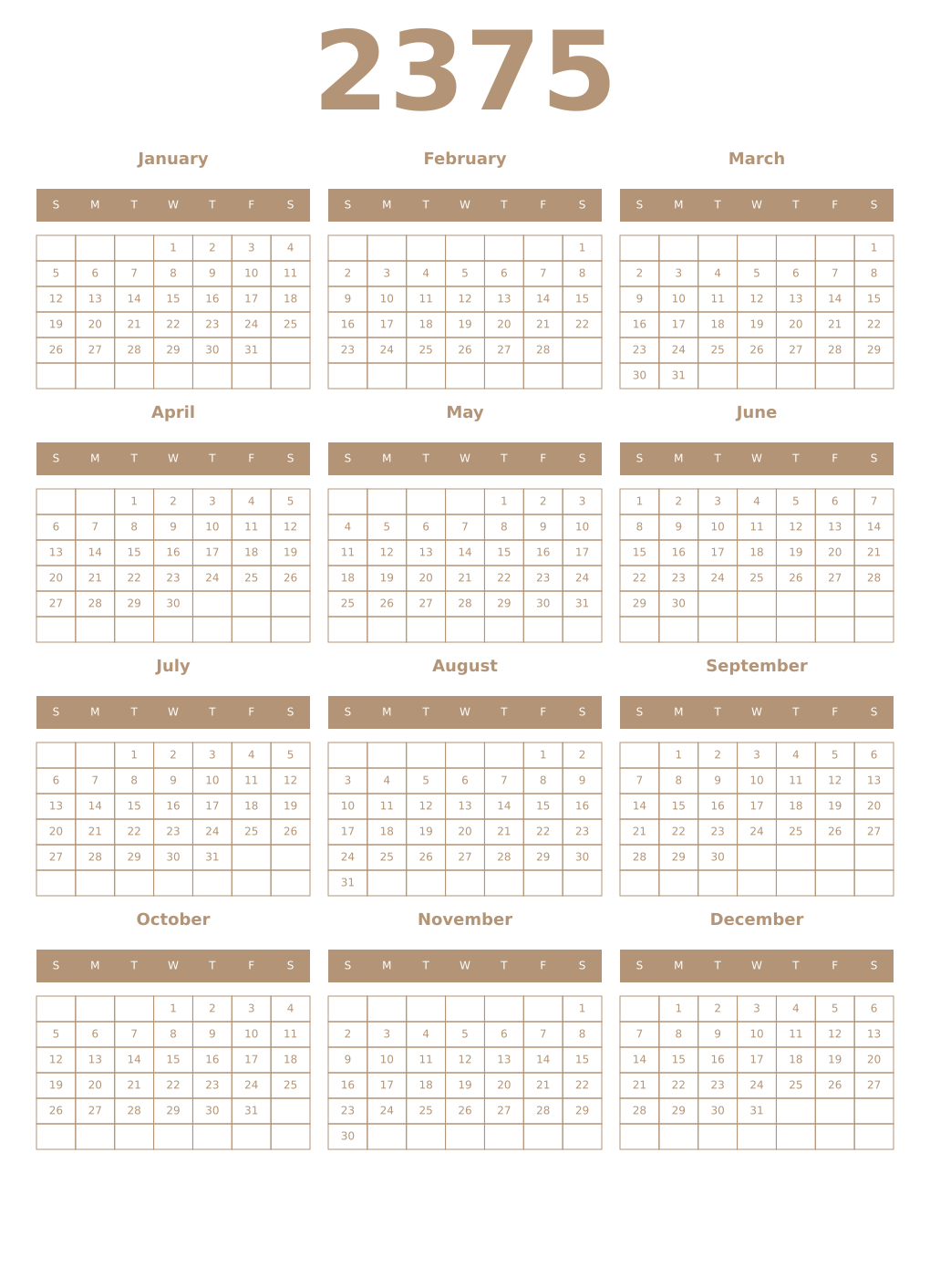 Printable 2375 Year Calendars isabelline