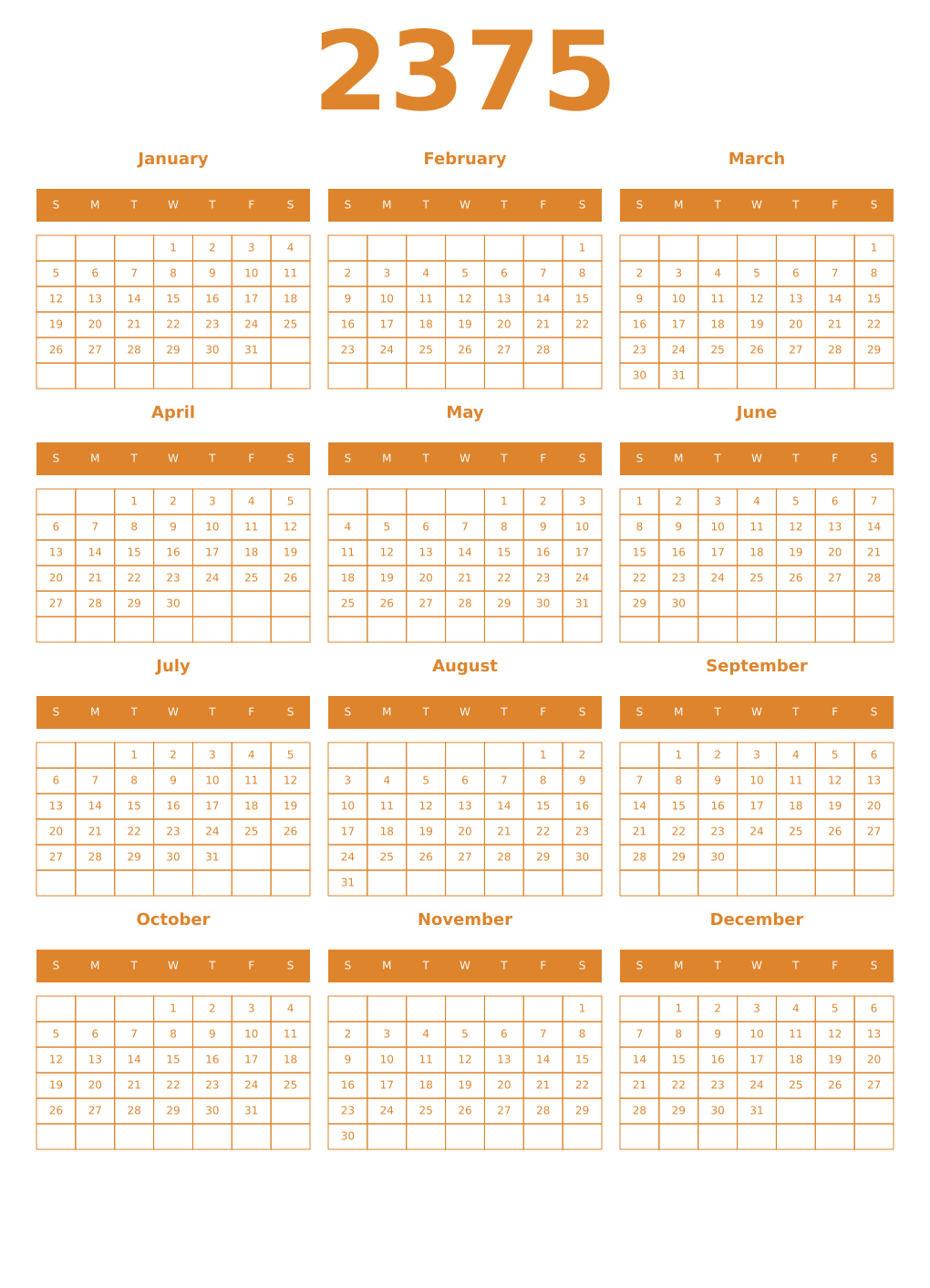 Printable 2375 Year Calendars orange