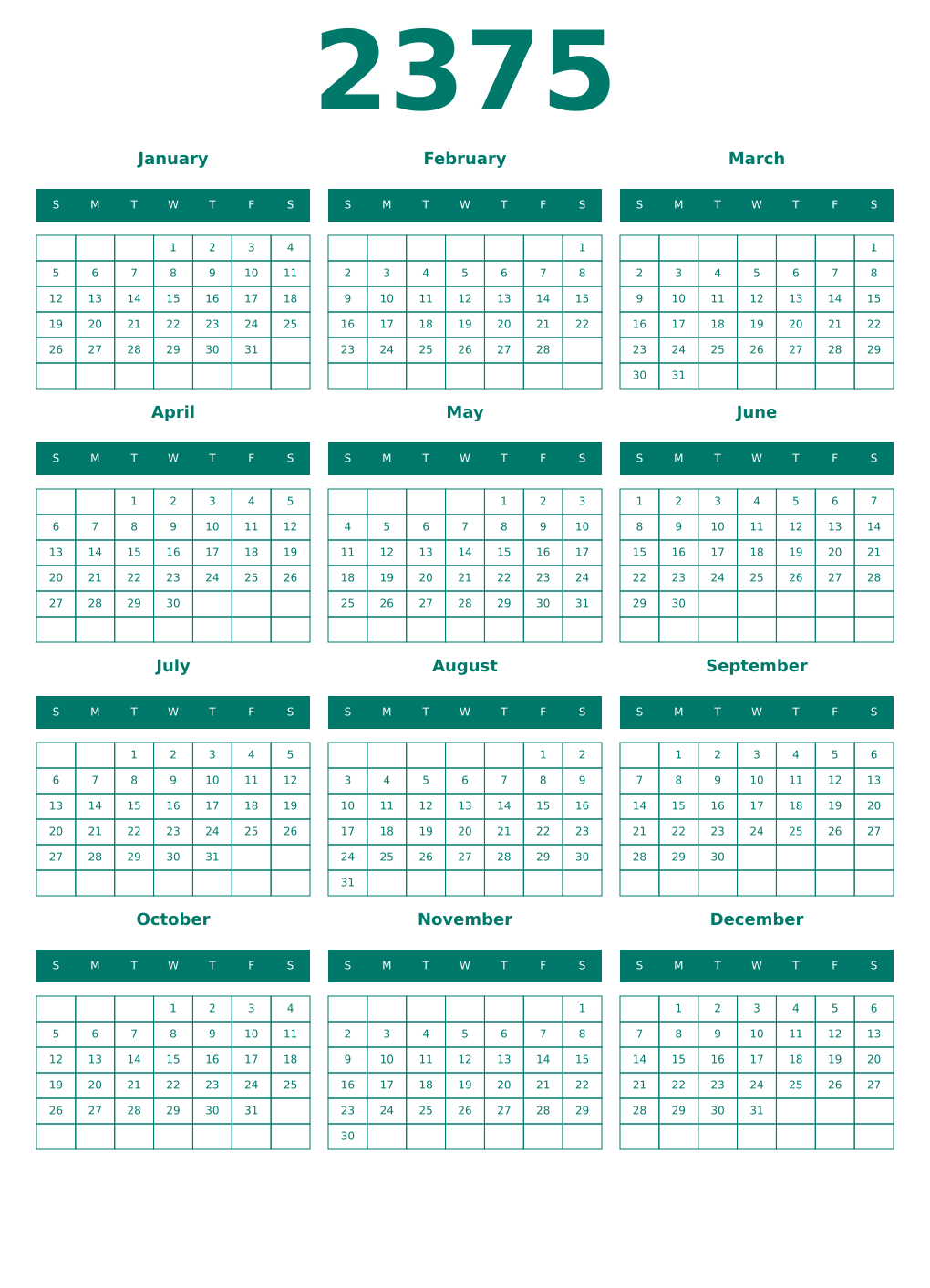 Printable 2375 Year Calendars pastel