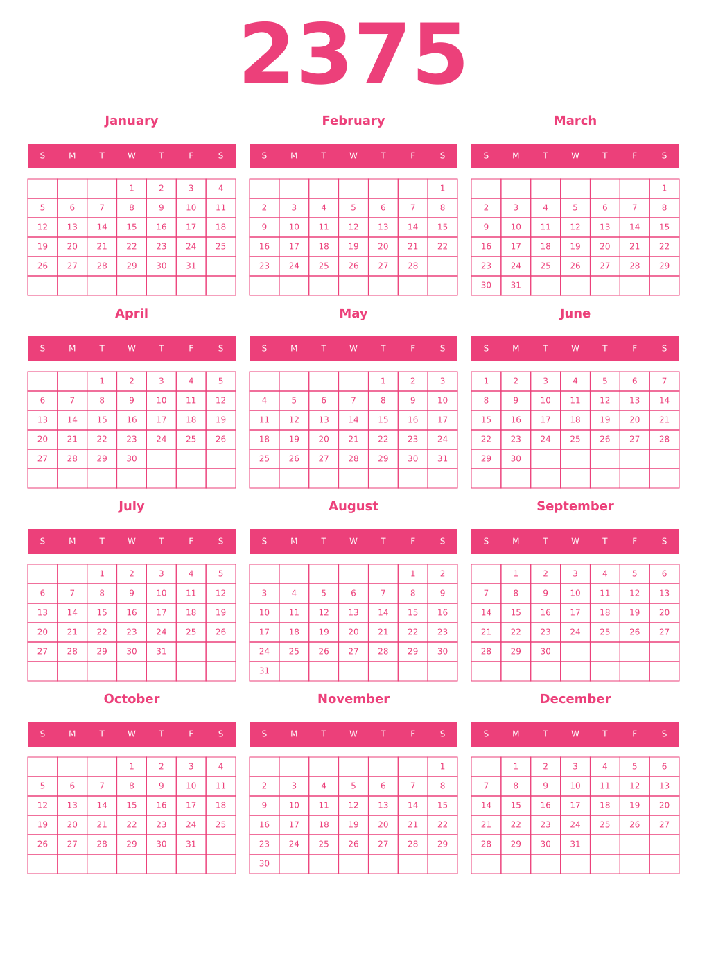 Printable 2375 Year Calendars pink