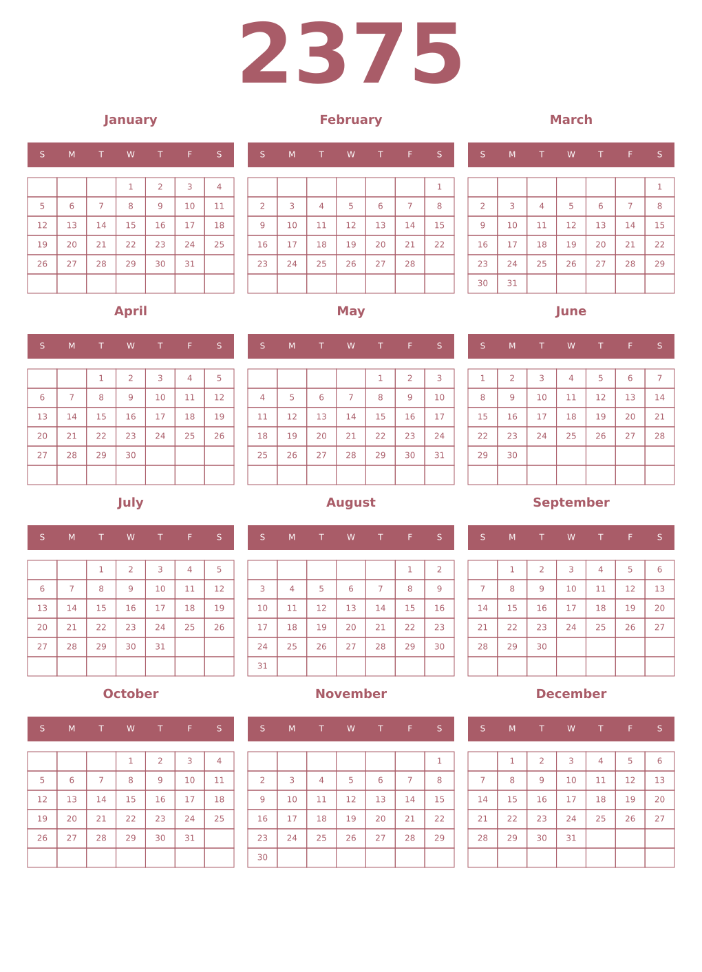 Printable 2375 Year Calendars puce