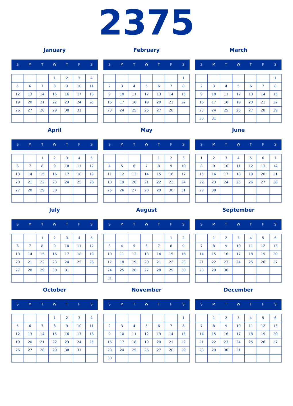 Printable 2375 Year Calendars smalt