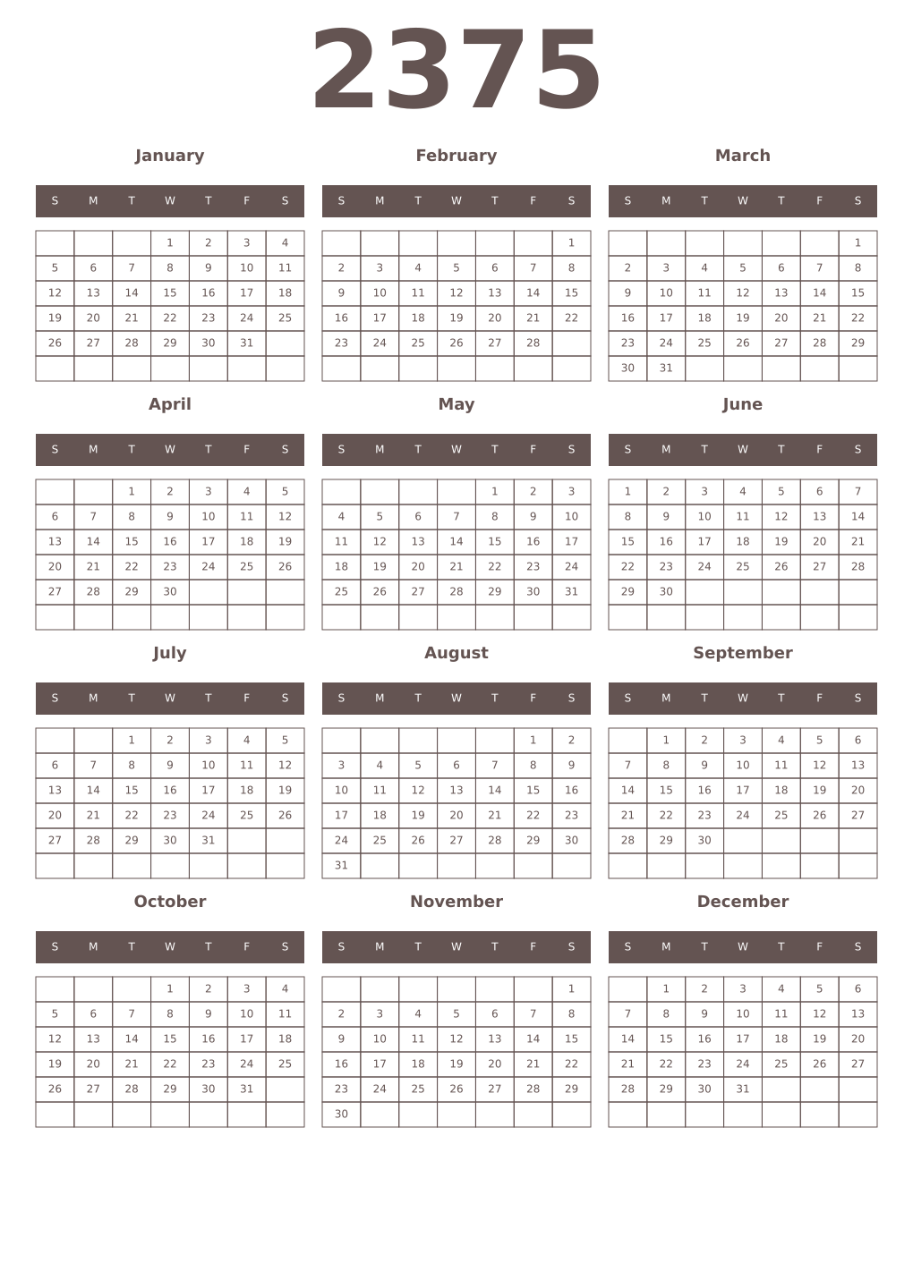 Printable 2375 Year Calendars wenge