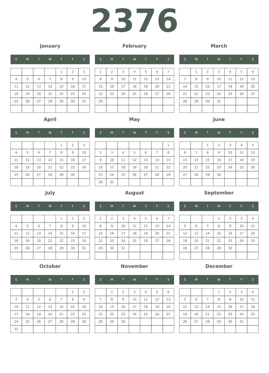 Printable 2376 Year Calendars feldgrau