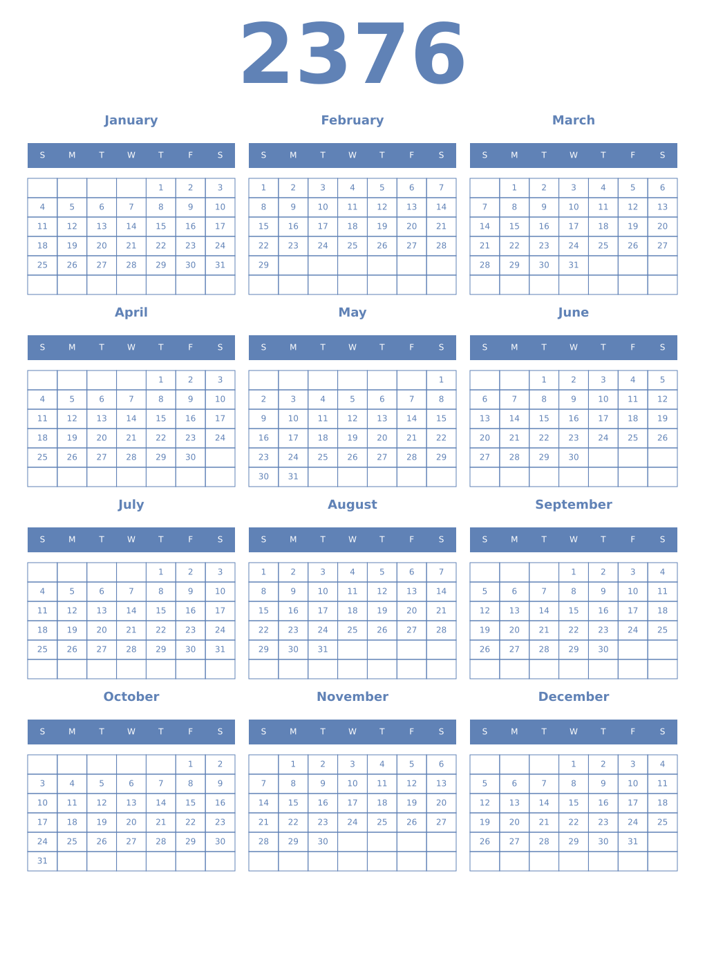Printable 2376 Year Calendars glaucous