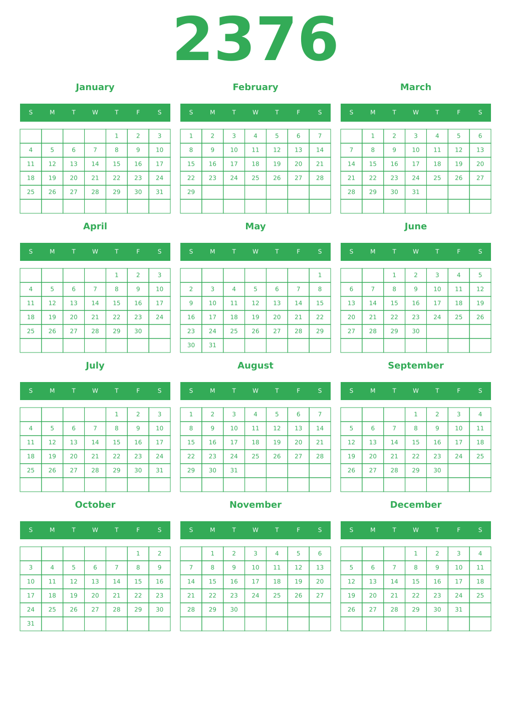 Printable 2376 Year Calendars green
